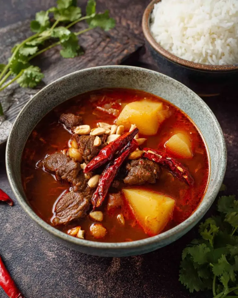 A bowl of Massaman Beef Curry garnished with herbs and served with rice.