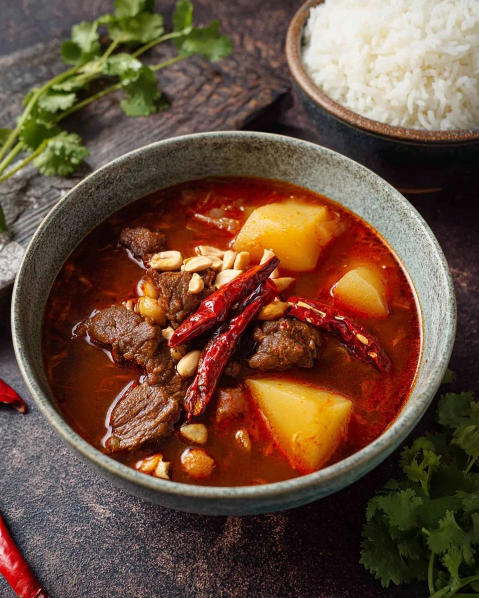 A bowl of Massaman Beef Curry garnished with herbs and served with rice.