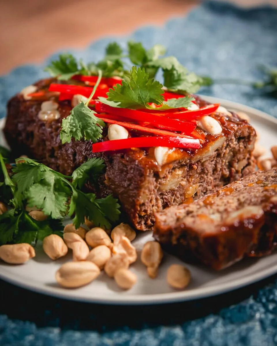 Delicious Massaman Curry Meatloaf served on a white plate with herbs