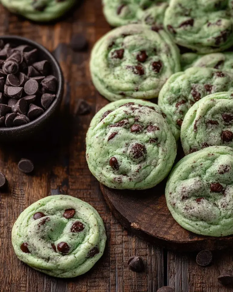 Freshly baked mint chocolate chip cookies on a cooling rack