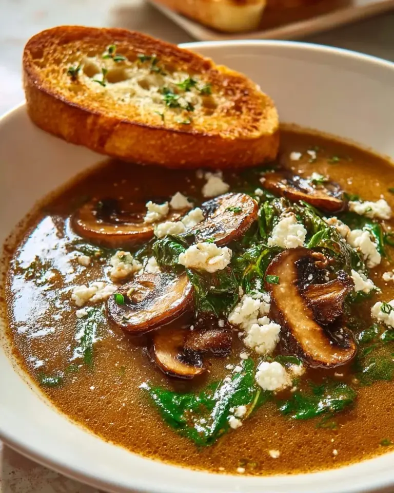 Creamy mushroom soup with fresh spinach in a bowl, garnished with herbs.