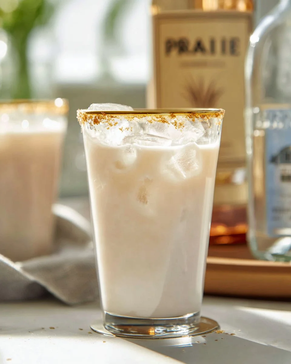 Naughty White Russian cocktail served in a glass with cream and ice.