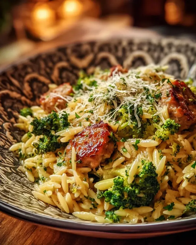 One-Pot Chicken Sausage & Broccoli Orzo dish served in a bowl with fresh ingredients