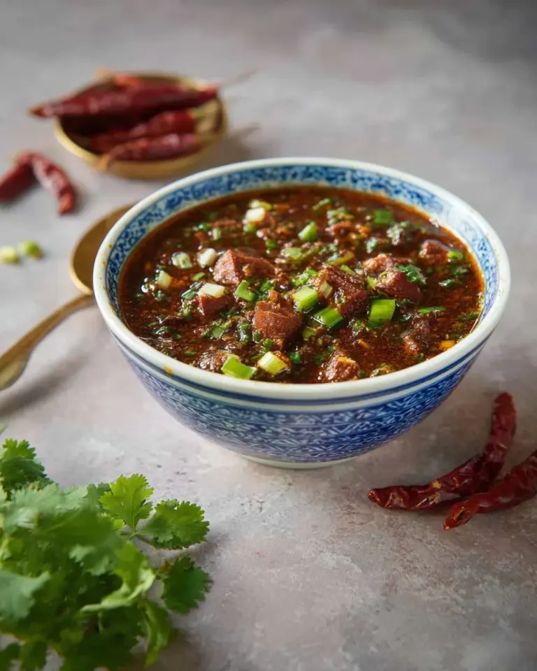 Bowl of original all-purpose Nam Jim Jaew sauce with fresh ingredients.