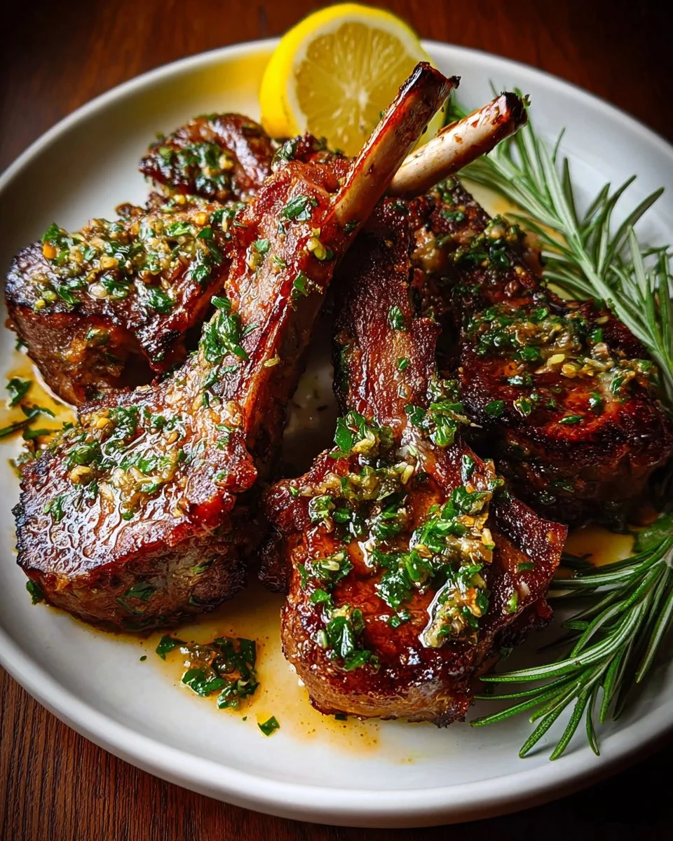 Delicious pan seared lamb chops cooked to perfection on a plate.