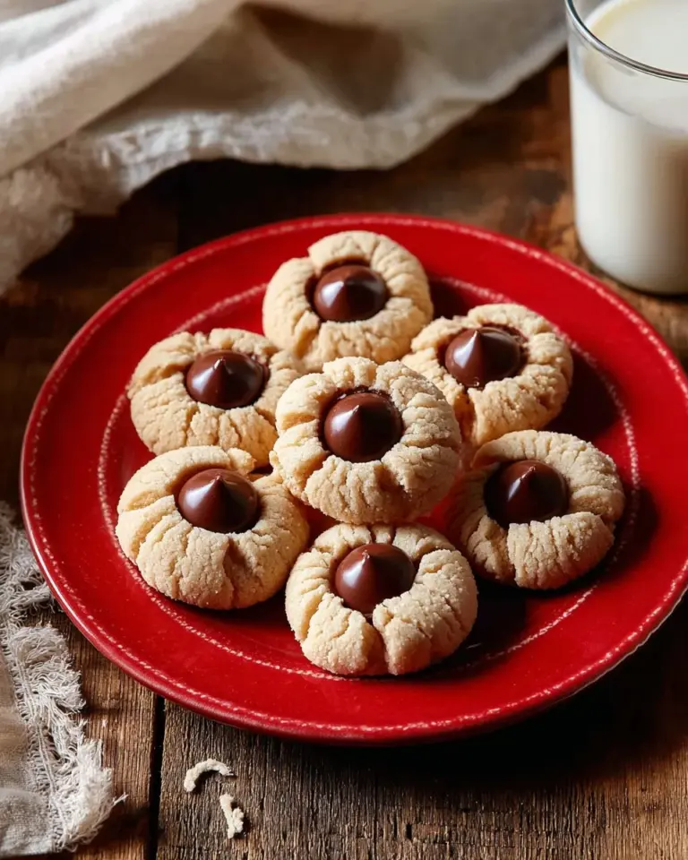Delicious Peanut Butter Blossoms cookies topped with chocolate kisses