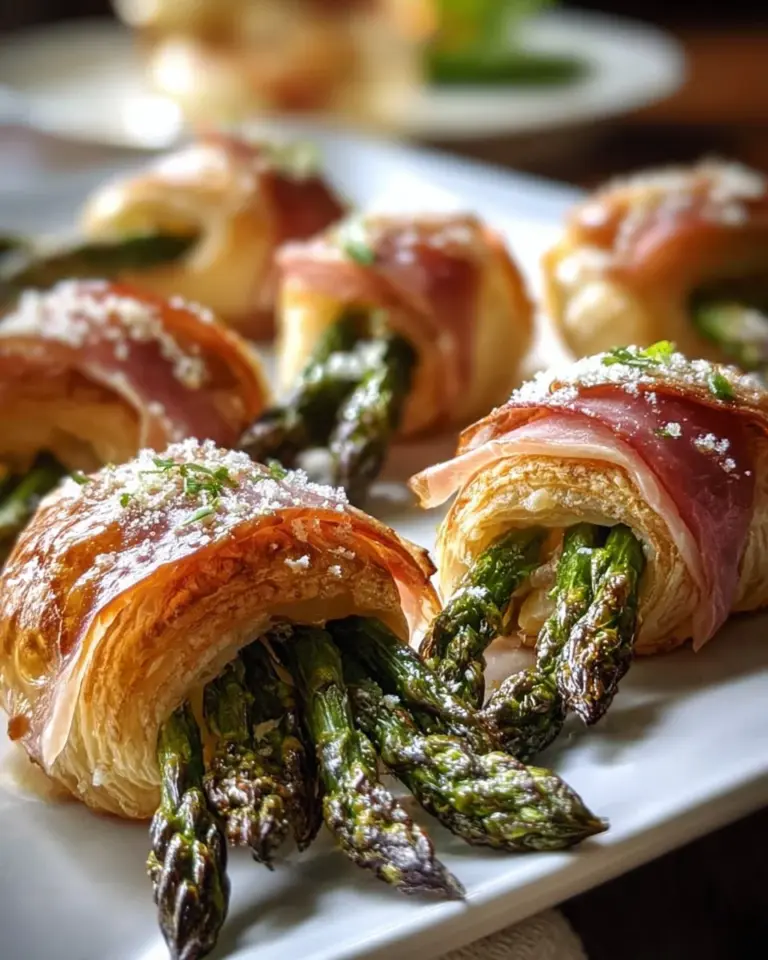Prosciutto asparagus puff pastry bundles on a serving platter