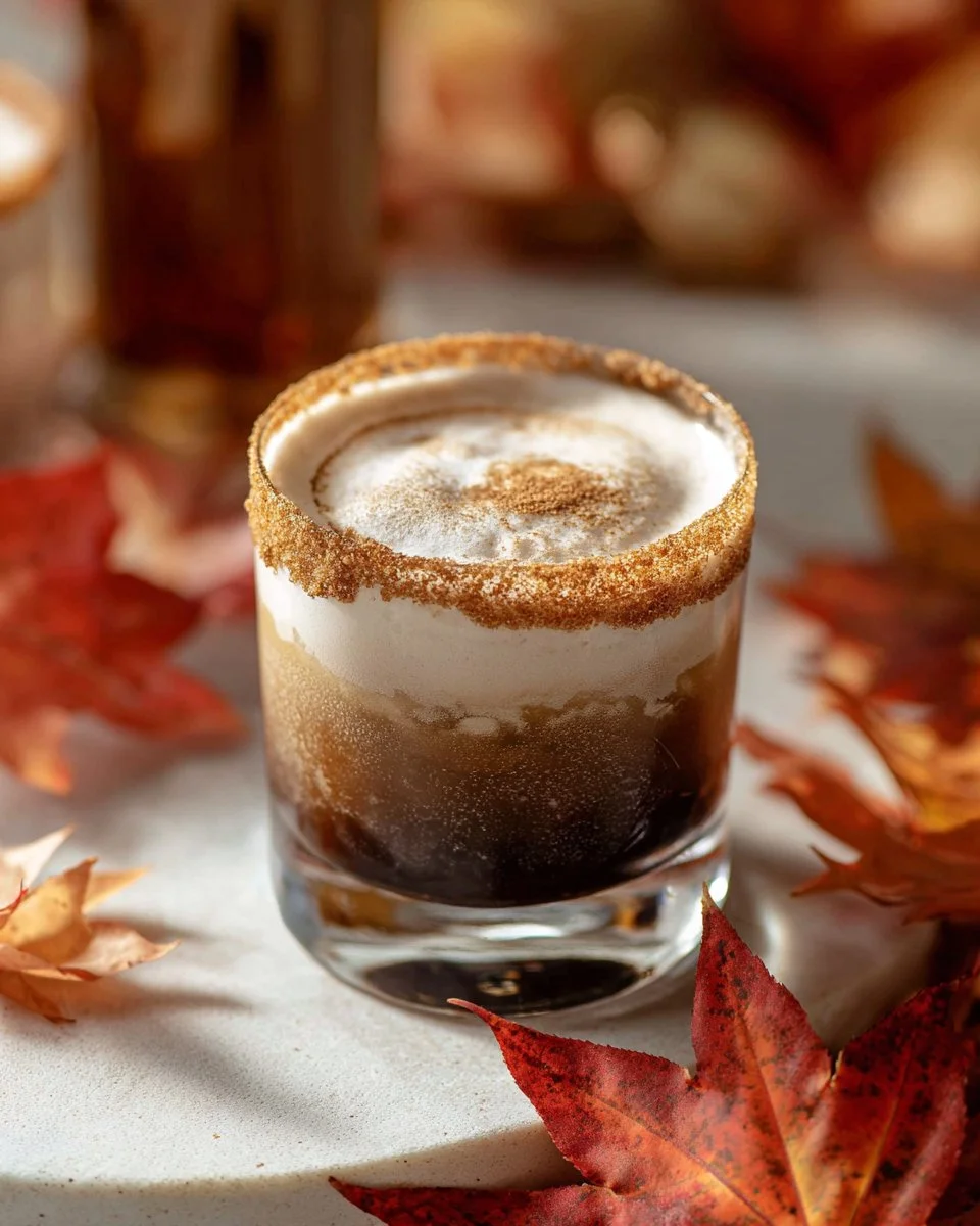 Delicious Pumpkin Spice White Russian cocktail in a glass with autumn leaves