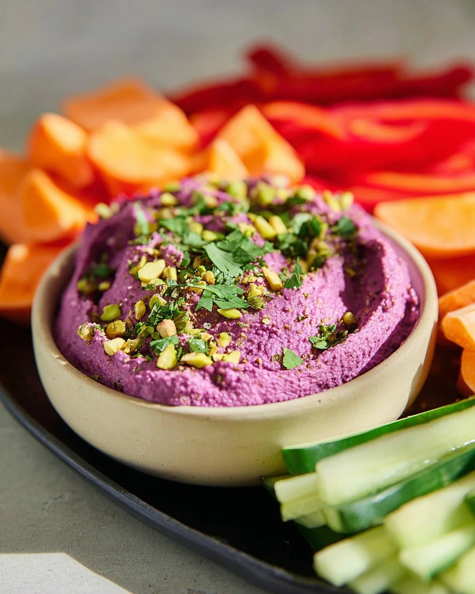 Delicious purple sweet potato hummus served in a bowl with fresh veggies