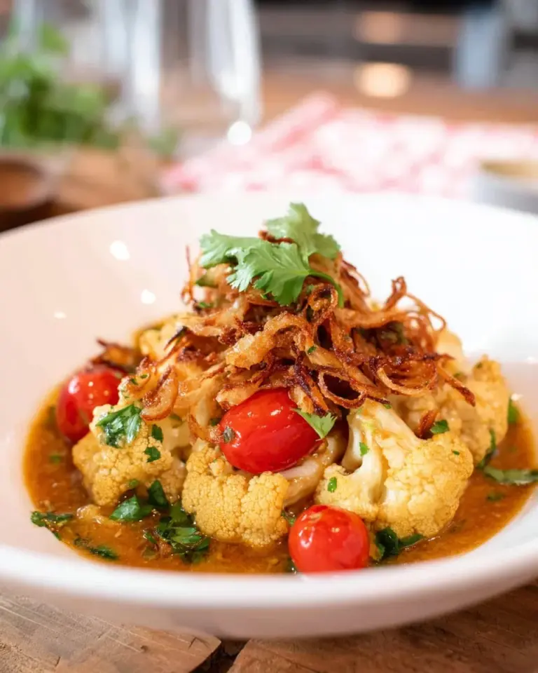 A delicious quick cauliflower curry stir fry served in a bowl, garnished with fresh herbs.