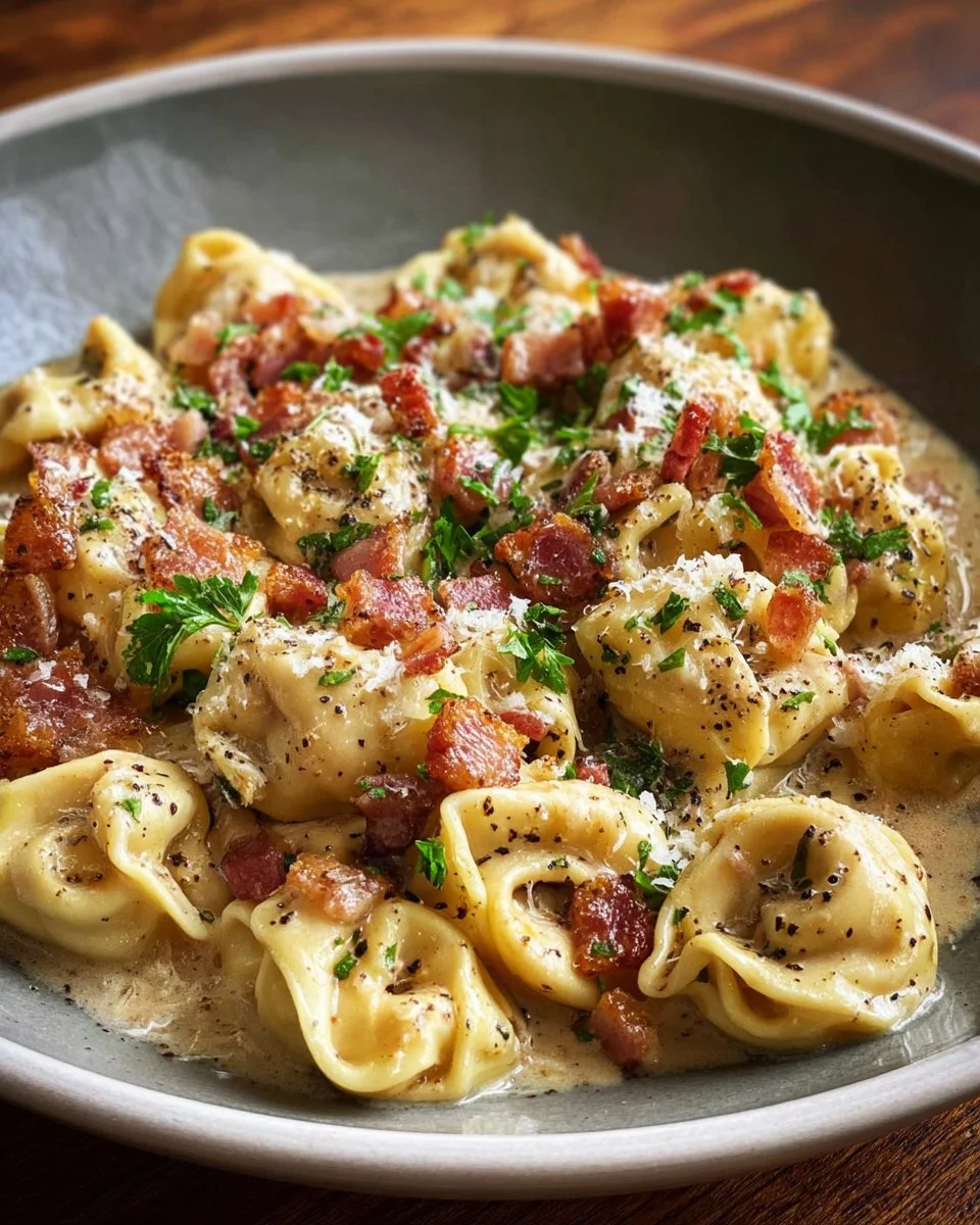 Bowl of rich creamy smoky Tortellini Carbonara with bacon and cheese