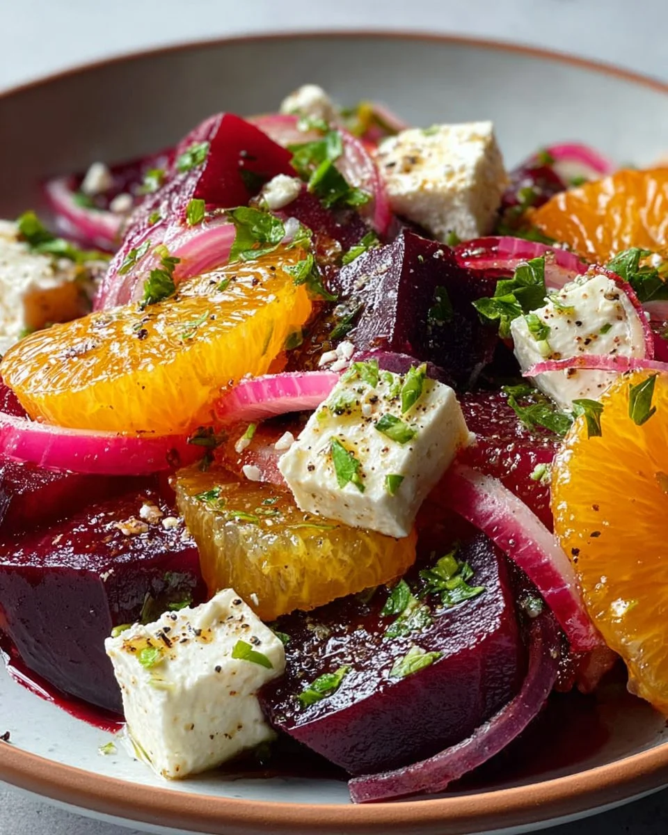 Roasted beet salad with citrus segments and feta cheese served in a bowl