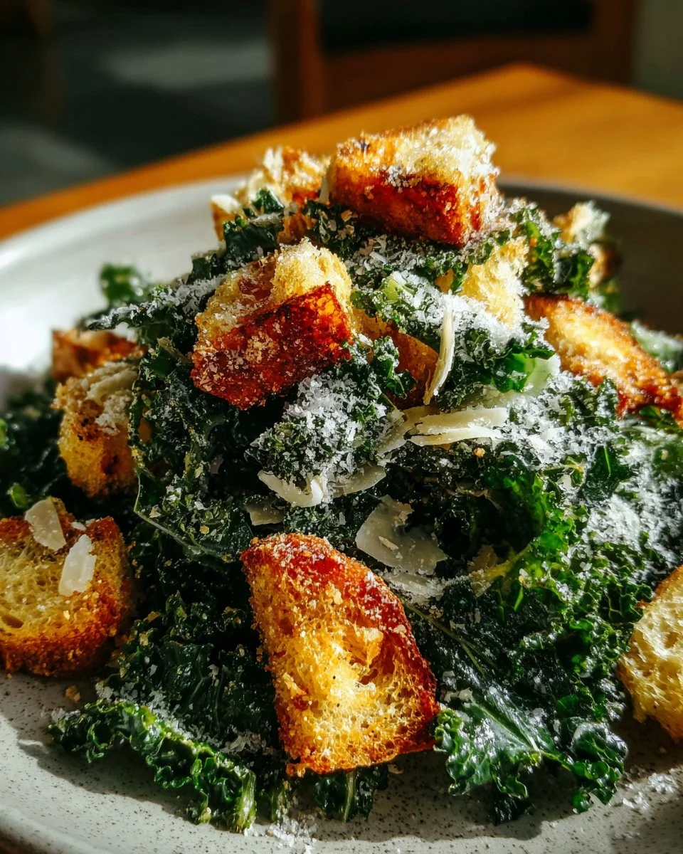 Roasted Garlic & Kale Caesar Salad garnished with parmesan and croutons