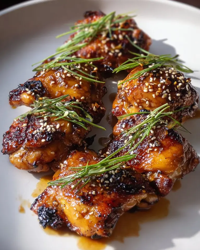 Plate of delicious roasted miso chicken thighs garnished with herbs