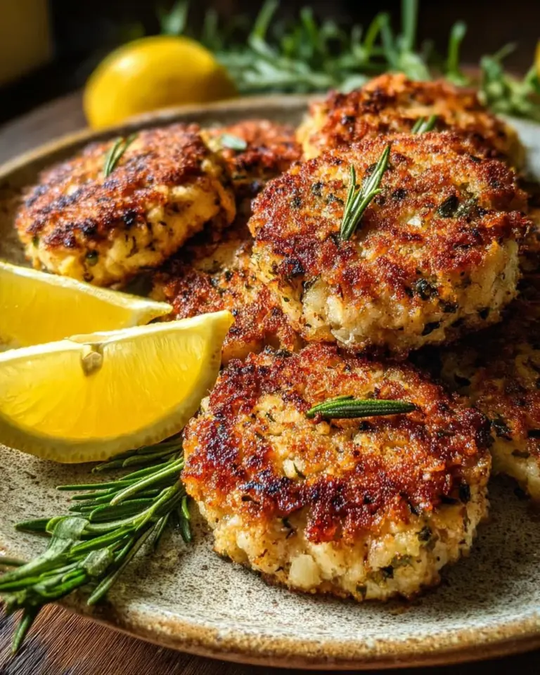 Plate of Rosemary Lemon Chicken Patties garnished with herbs