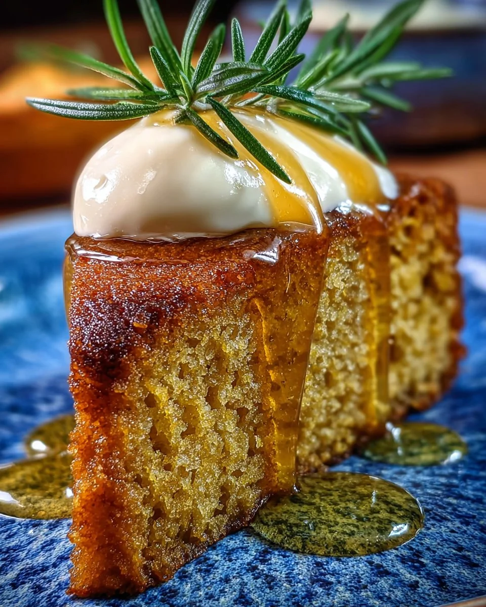 Slice of Rosemary Syrup Cake topped with Mead Cream