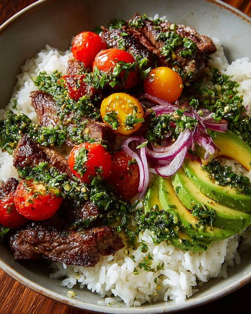 Skirt steak rice bowl with chimichurri sauce and fresh vegetables