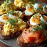 Smoked salmon crostini garnished with egg-cheddar mousse on a platter