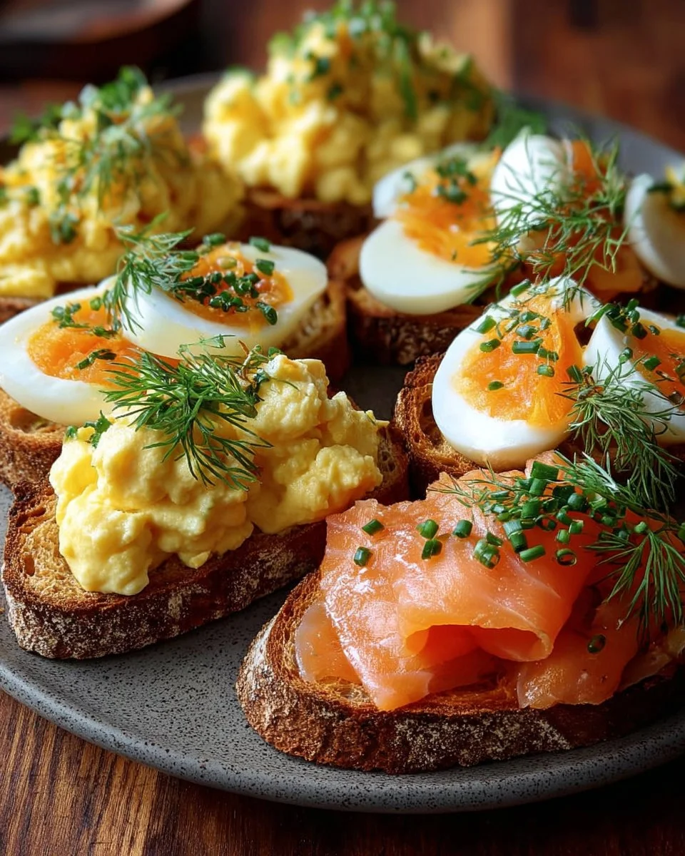 Smoked salmon crostini garnished with egg-cheddar mousse on a platter
