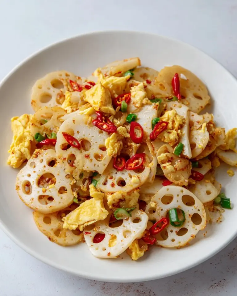 Spicy lotus root stir fry with vibrant vegetables and seasonings