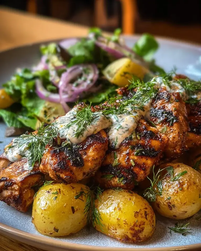 Spicy Yogurt Marinated Chicken served with Dill Feta Cream and Crispy Baby Potatoes