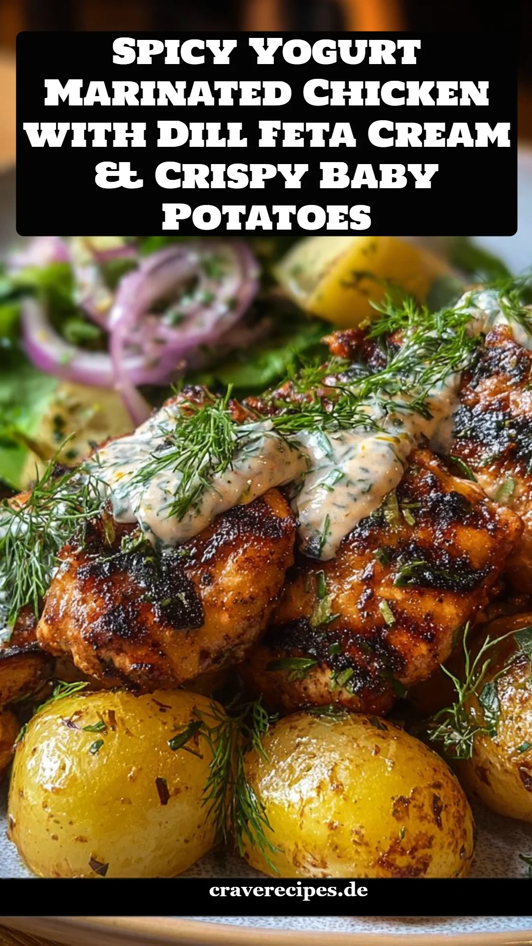 Spicy Yogurt Marinated Chicken with Dill Feta Cream & Crispy Baby Potatoes