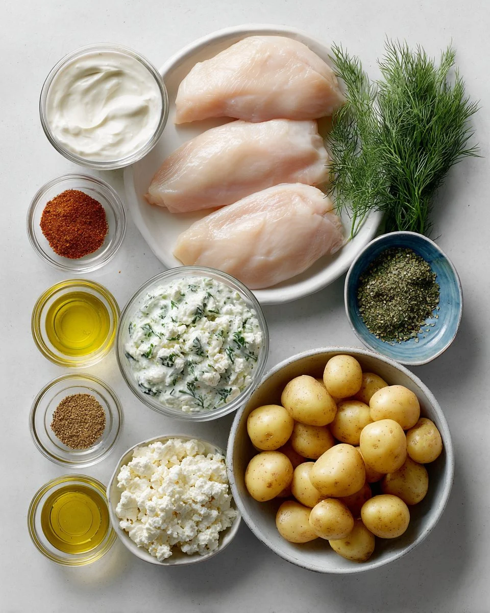 Spicy Yogurt Marinated Chicken with Dill Feta Cream & Crispy Baby Potatoes