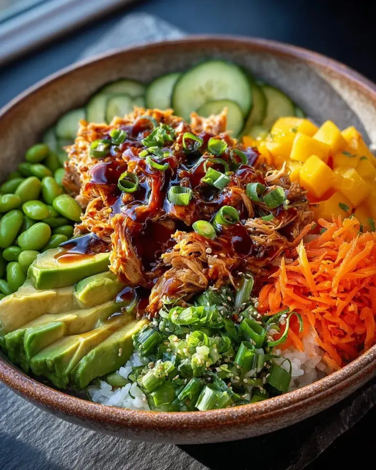 Delicious Sticky Chicken Poke Bowls garnished with fresh vegetables and sauce