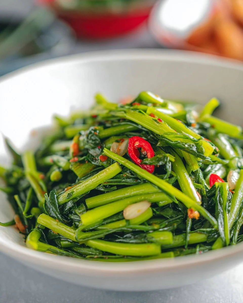 Delicious stir-fried water spinach with garlic and spices in a vibrant serving dish.