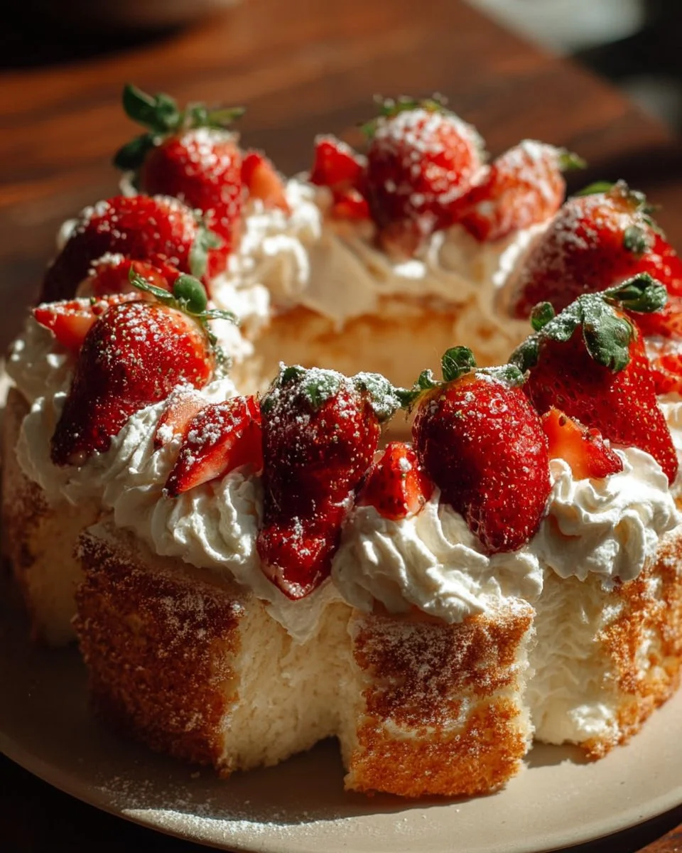 Light and fluffy Strawberry Angel Food Cake topped with fresh strawberries