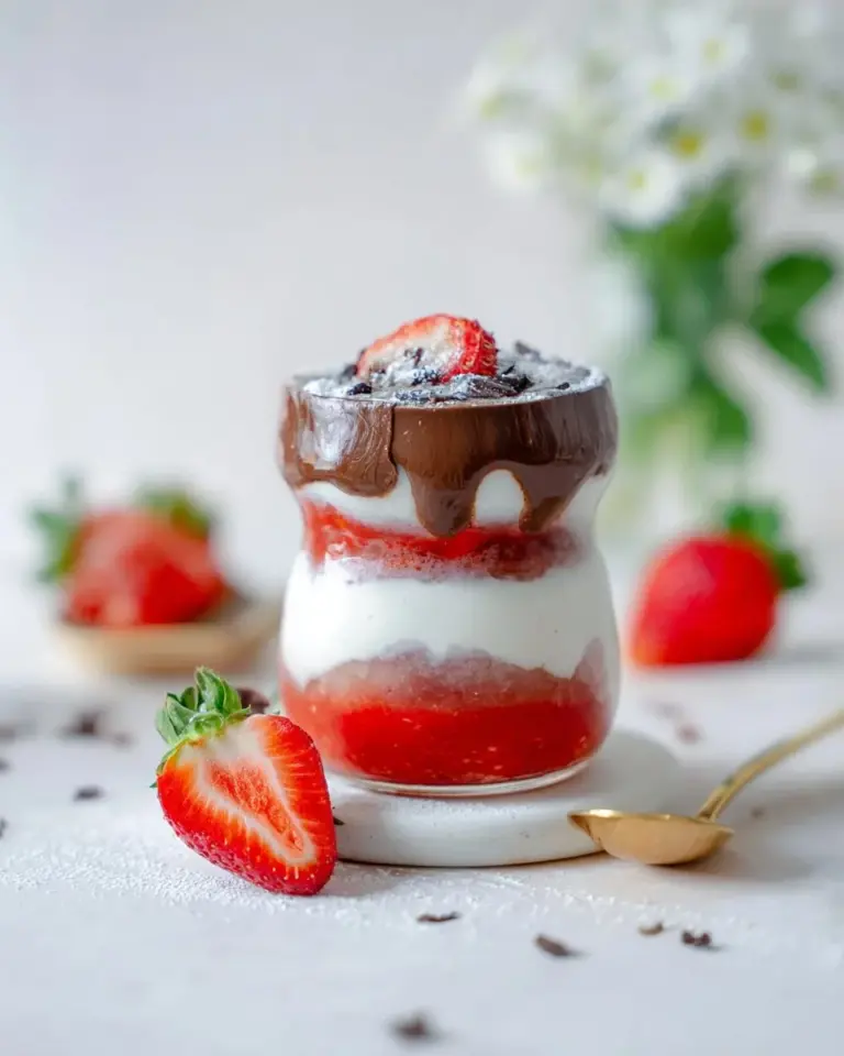 Strawberry Hojicha Latte topped with fresh strawberries and foam