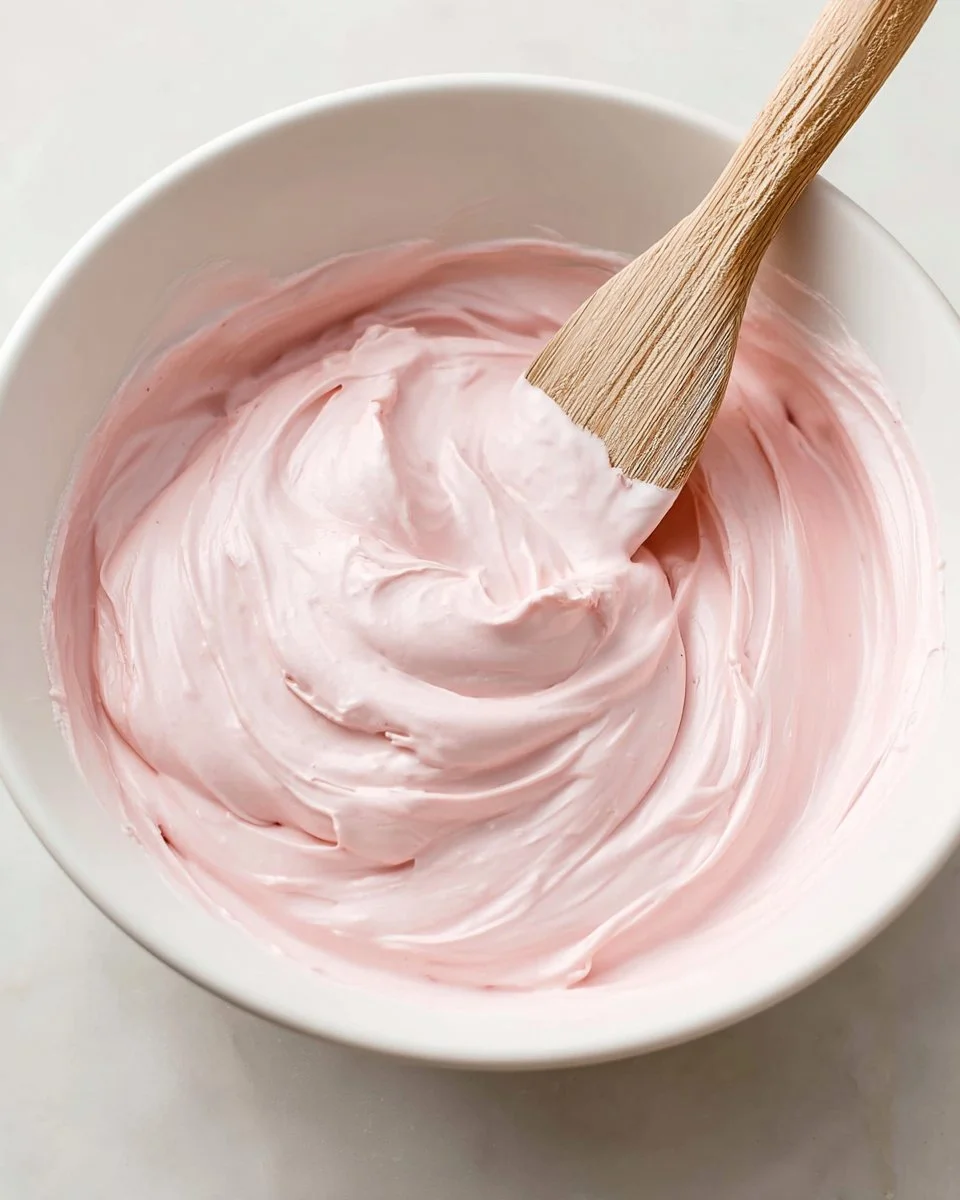 Delicious strawberry marshmallow frosting atop a vibrant cake