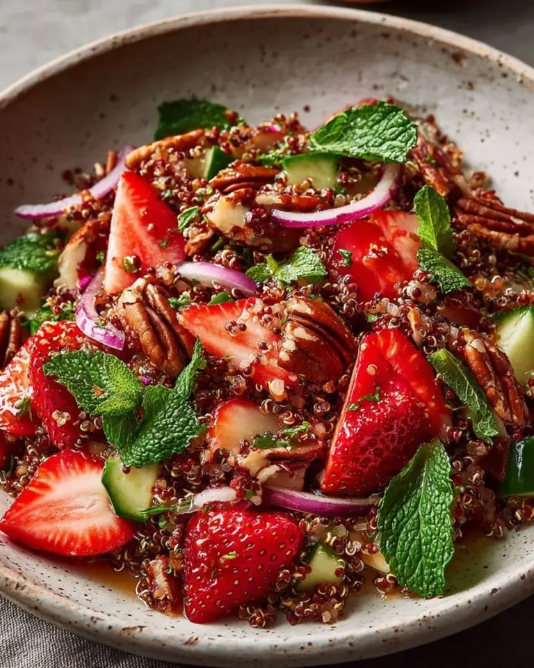 Strawberry Quinoa Salad topped with crunchy pecan brittle on a white plate