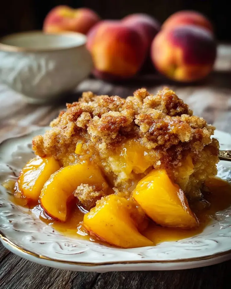 Delicious baked peach cobbler garnished with fresh peaches and a golden crust