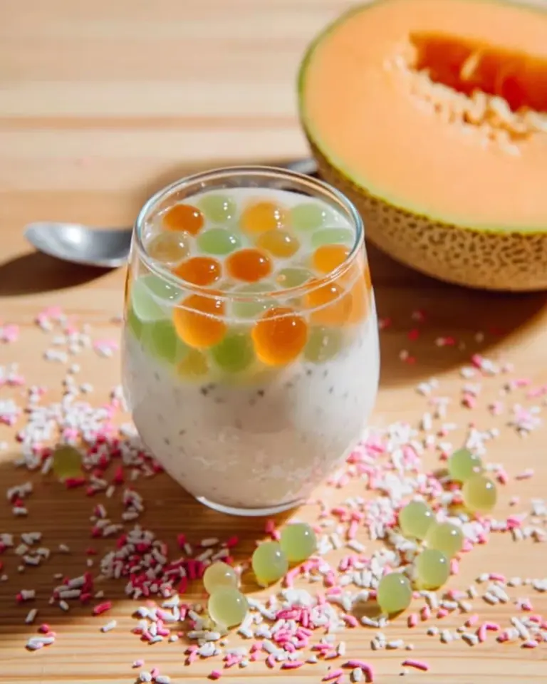 Tapioca melon dessert soup in a colorful bowl, garnished with fresh melon slices.