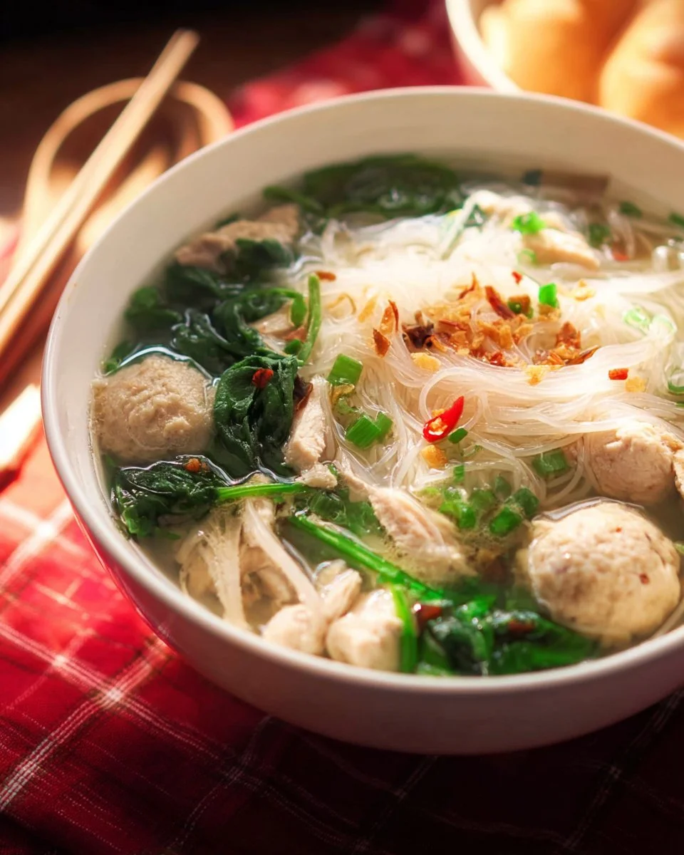 Bowl of Thai chicken noodle soup with fresh herbs and spices