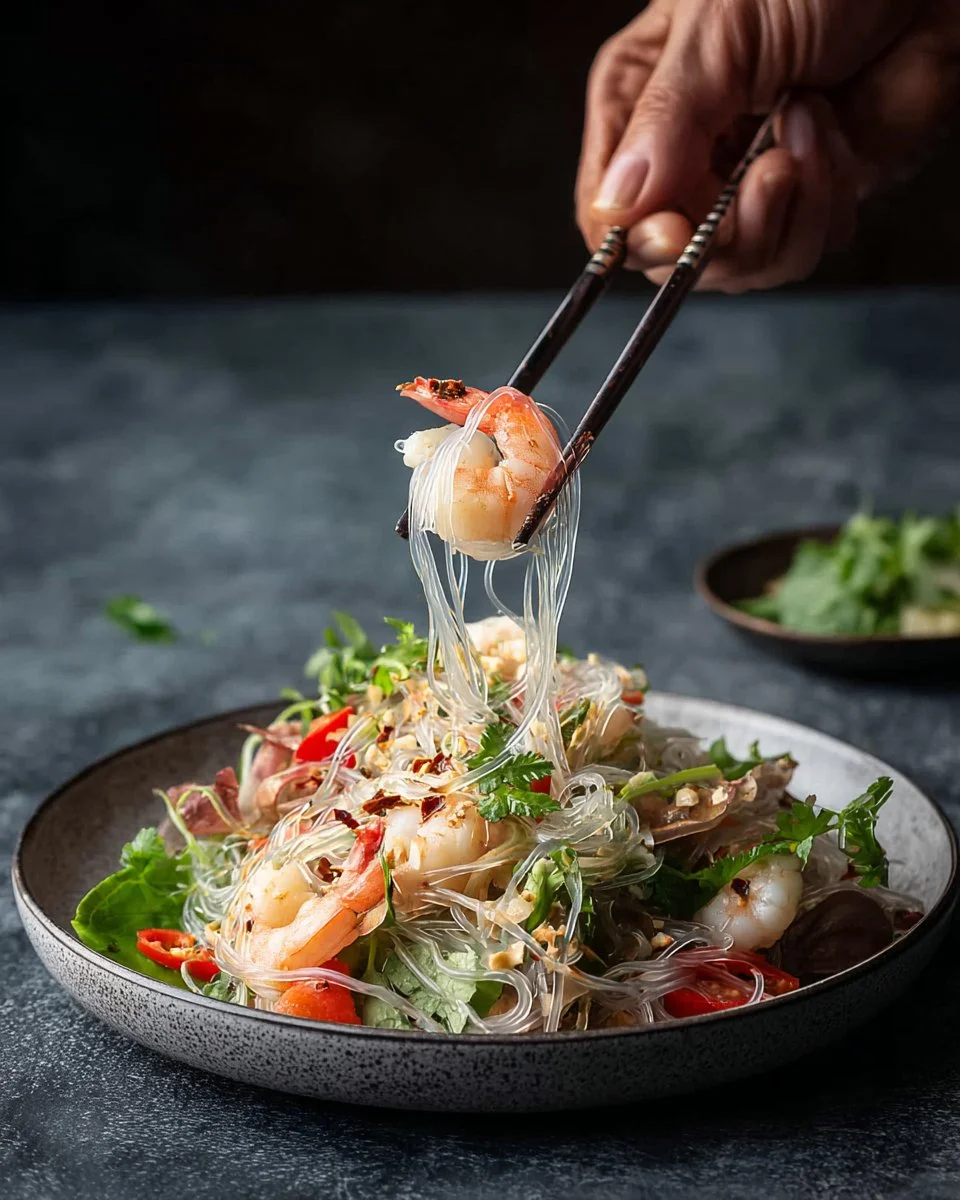 Thai Glass Noodle Salad with vibrant vegetables and herbs in a bowl