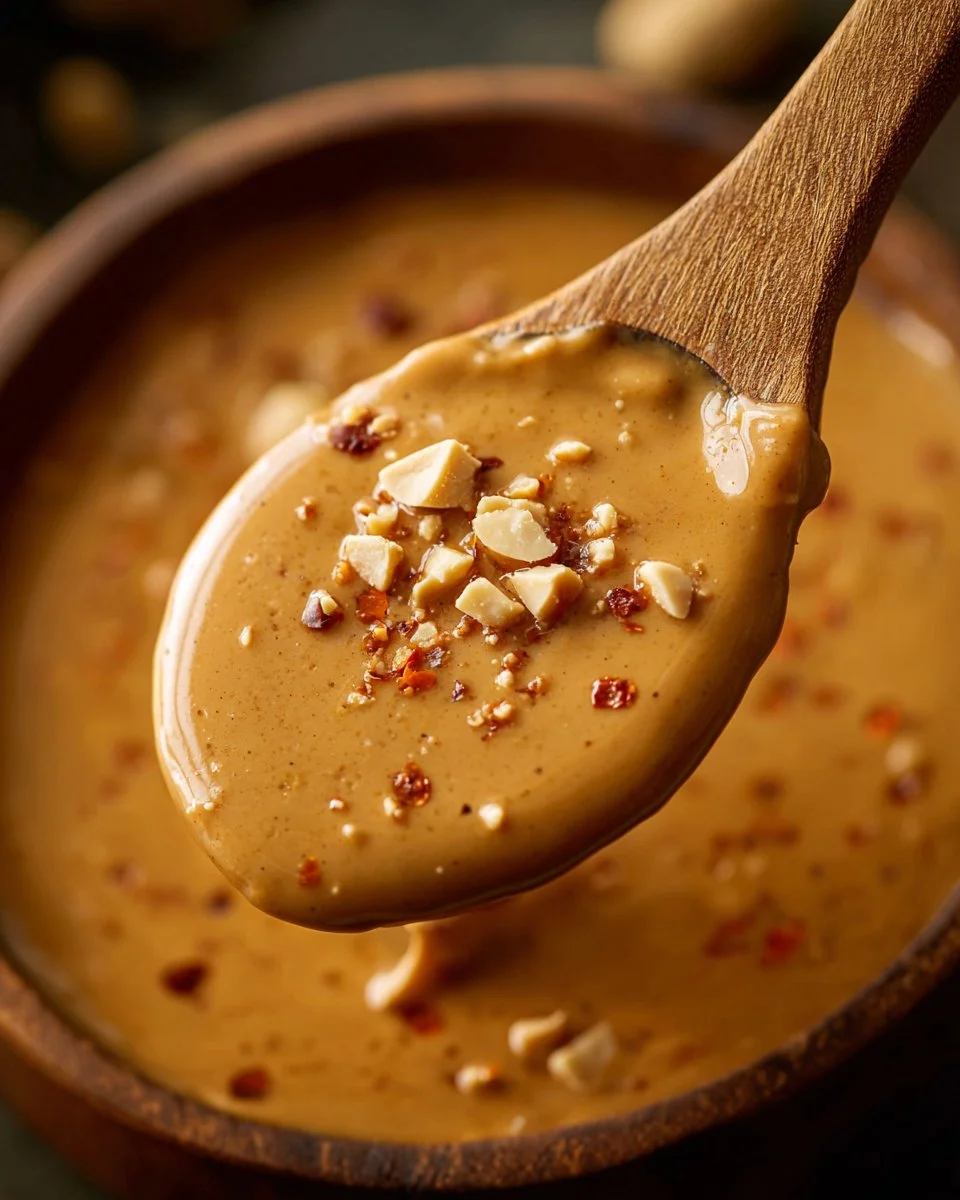 Bowl of delicious Thai Peanut Sauce with fresh ingredients.