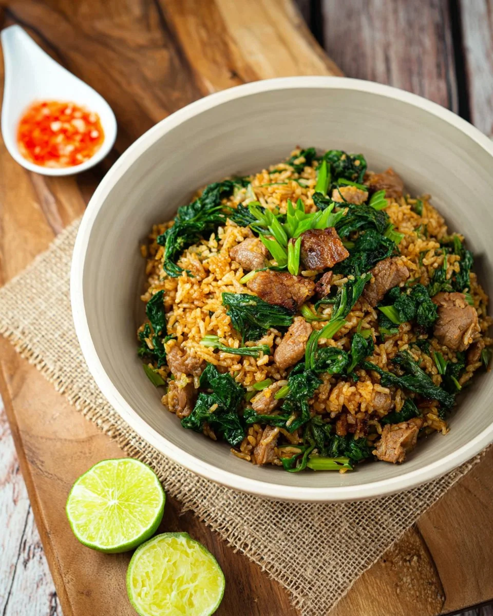 Plate of Thai Pork Fried Rice with vibrant vegetables and tender pork pieces