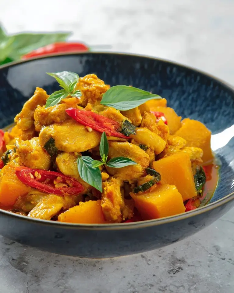 Bowl of Thai Red Curry with Pumpkin and herbs
