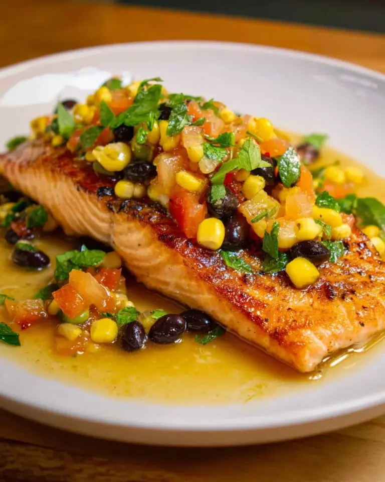Delicious Thai Salmon topped with refreshing Thai Corn Salsa on a plate