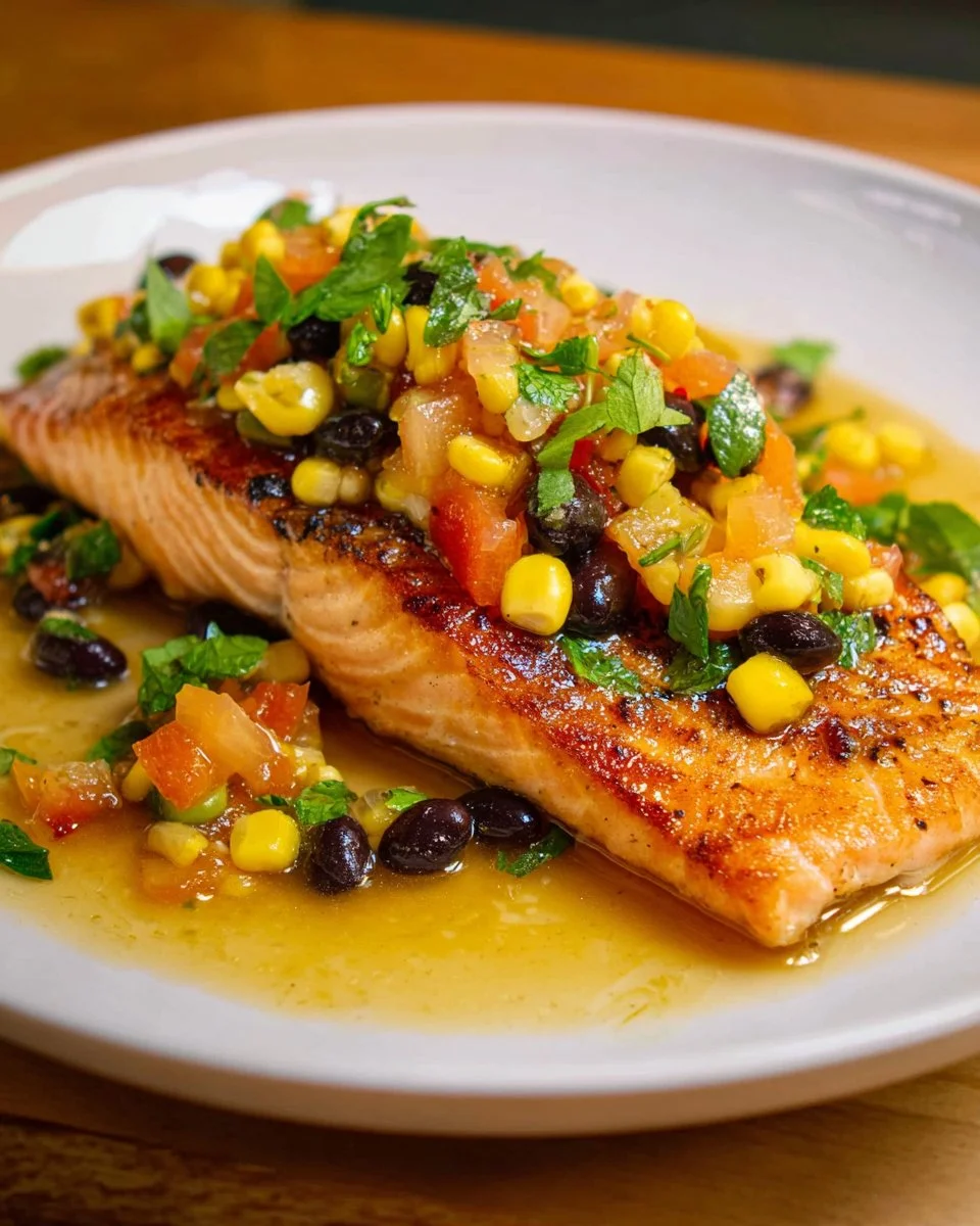 Delicious Thai Salmon topped with refreshing Thai Corn Salsa on a plate