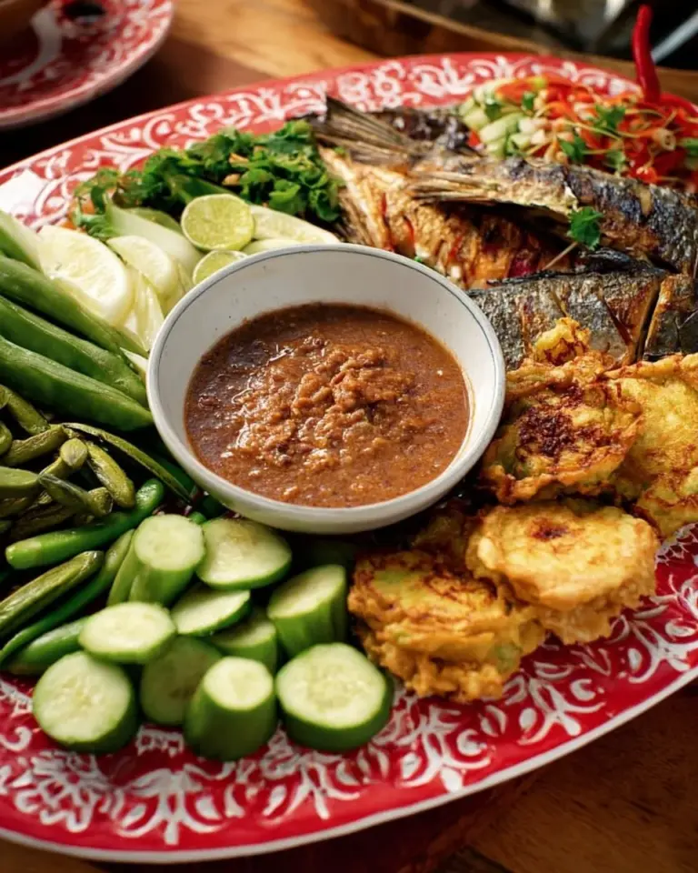 Bowl of Thai shrimp paste dip served with fresh vegetables and crackers.