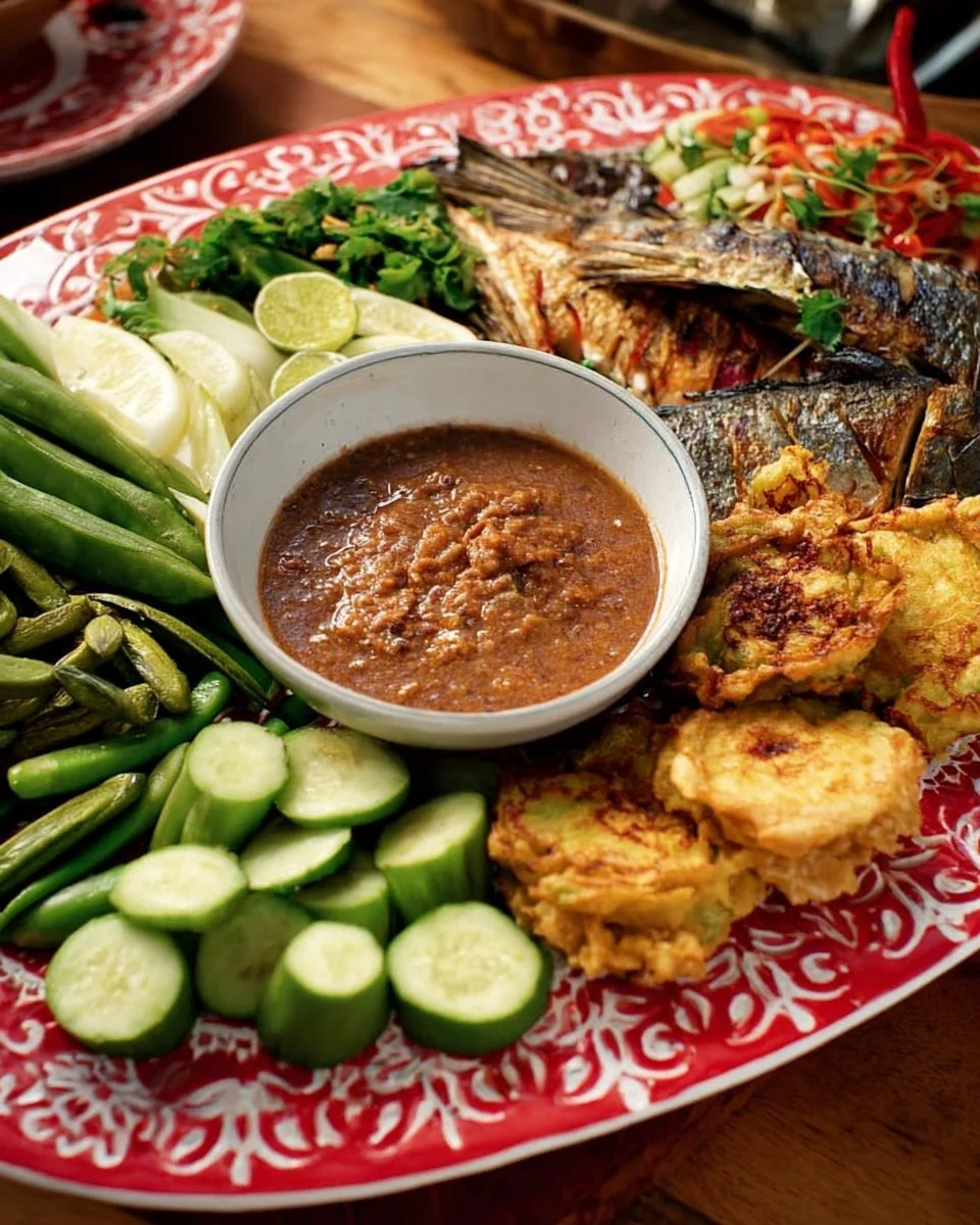 Bowl of Thai shrimp paste dip served with fresh vegetables and crackers.