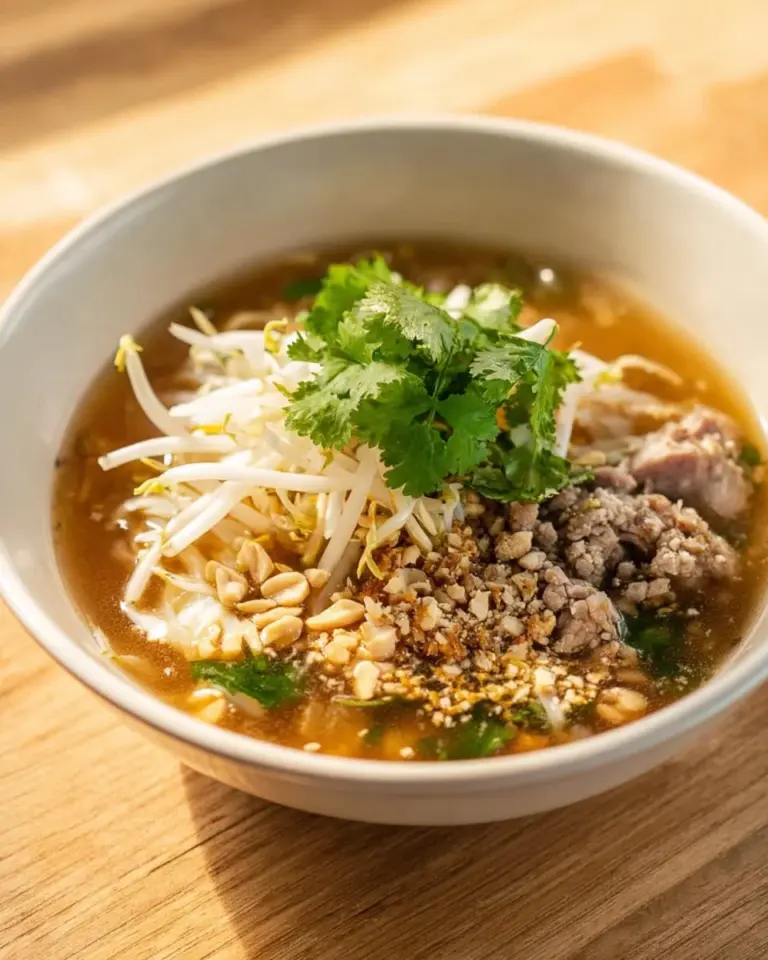Bowl of Thai spicy and sour noodle soup garnished with herbs and lime.