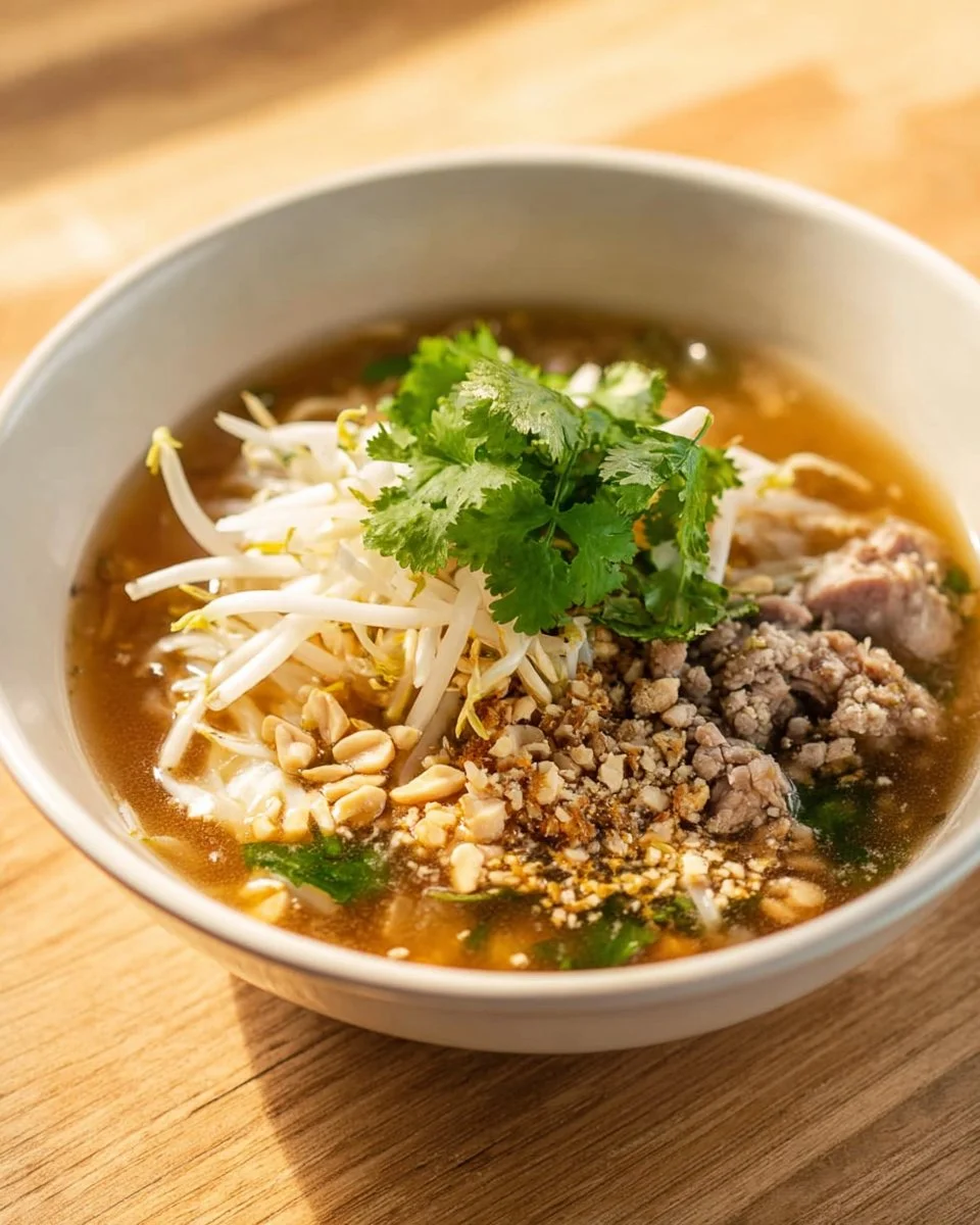 Bowl of Thai spicy and sour noodle soup garnished with herbs and lime.