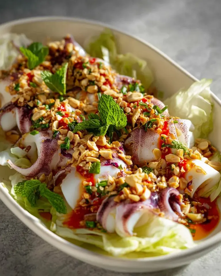 Delicious Thai steamed squid drizzled with zesty lime sauce on a plate.