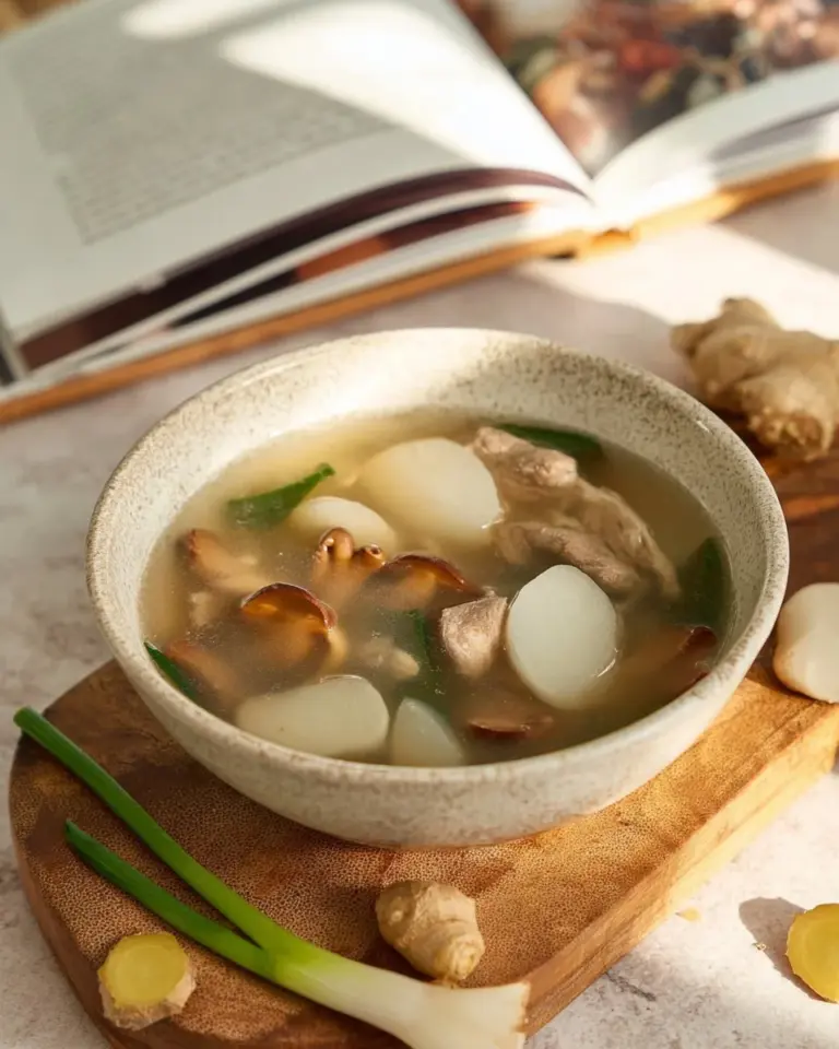 Bowl of Thai-Style Daikon Soup with Pork Ribs garnished with herbs.