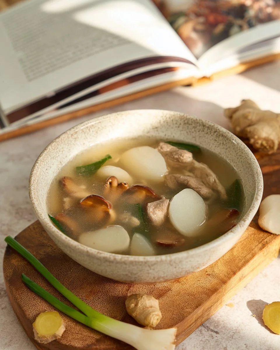Bowl of Thai-Style Daikon Soup with Pork Ribs garnished with herbs.