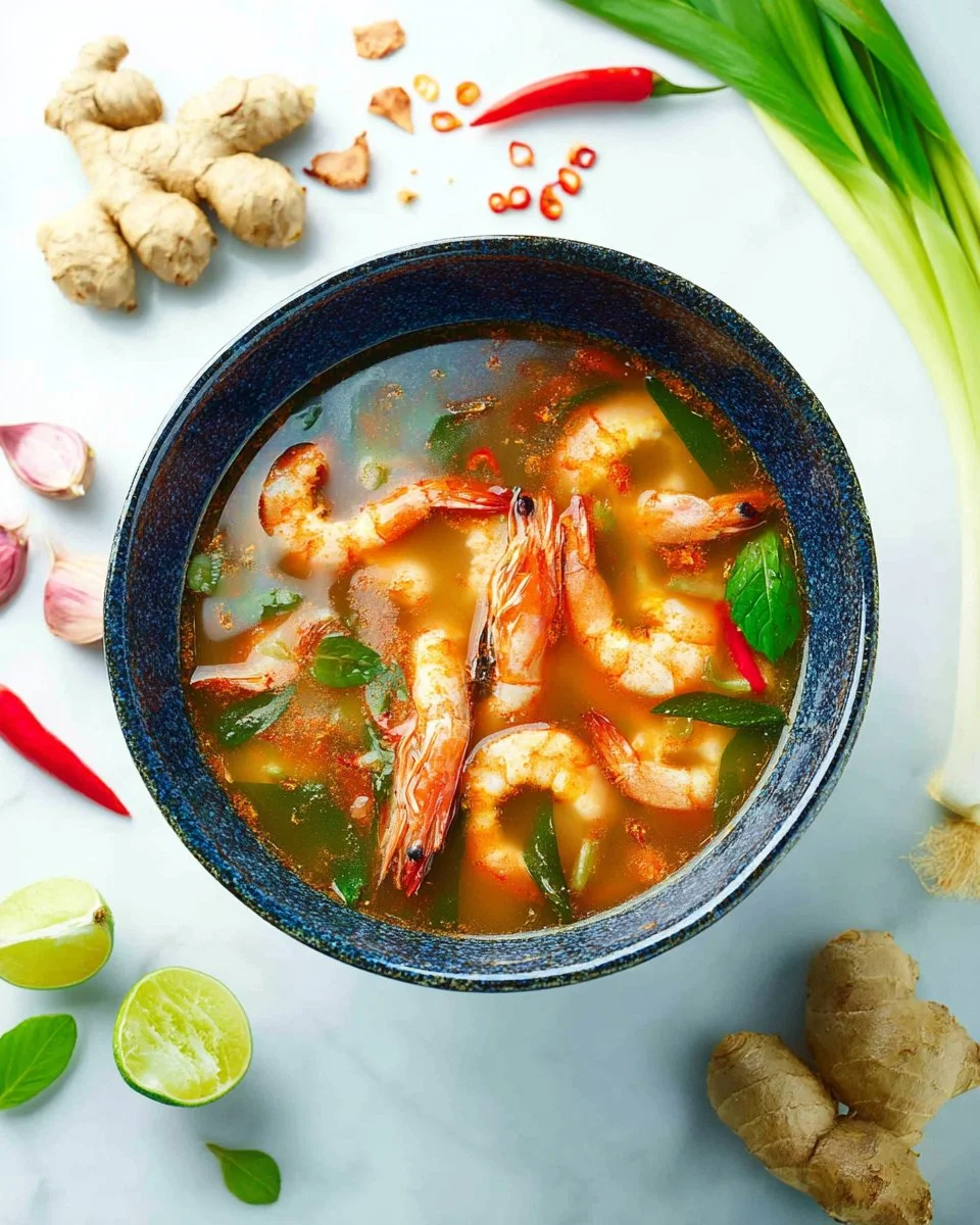 Bowl of Tom Yum Goong soup garnished with shrimp, herbs, and spices